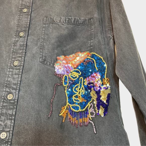 Zara Basic Denim Z1975 Embroidered Dress Sequin XS ButtonDown Collared Oversized - Picture 3 of 16